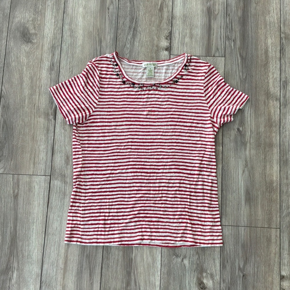 Orvis Womens Red White Striped Embellished Studded‎ Scoop Neck T-Shirt Size M